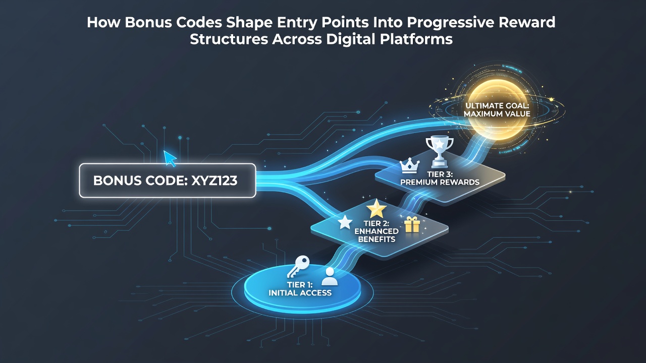 Illustration showing bonus codes unlocking tiered reward pathways on digital gaming platforms with layered icons and progression arrows