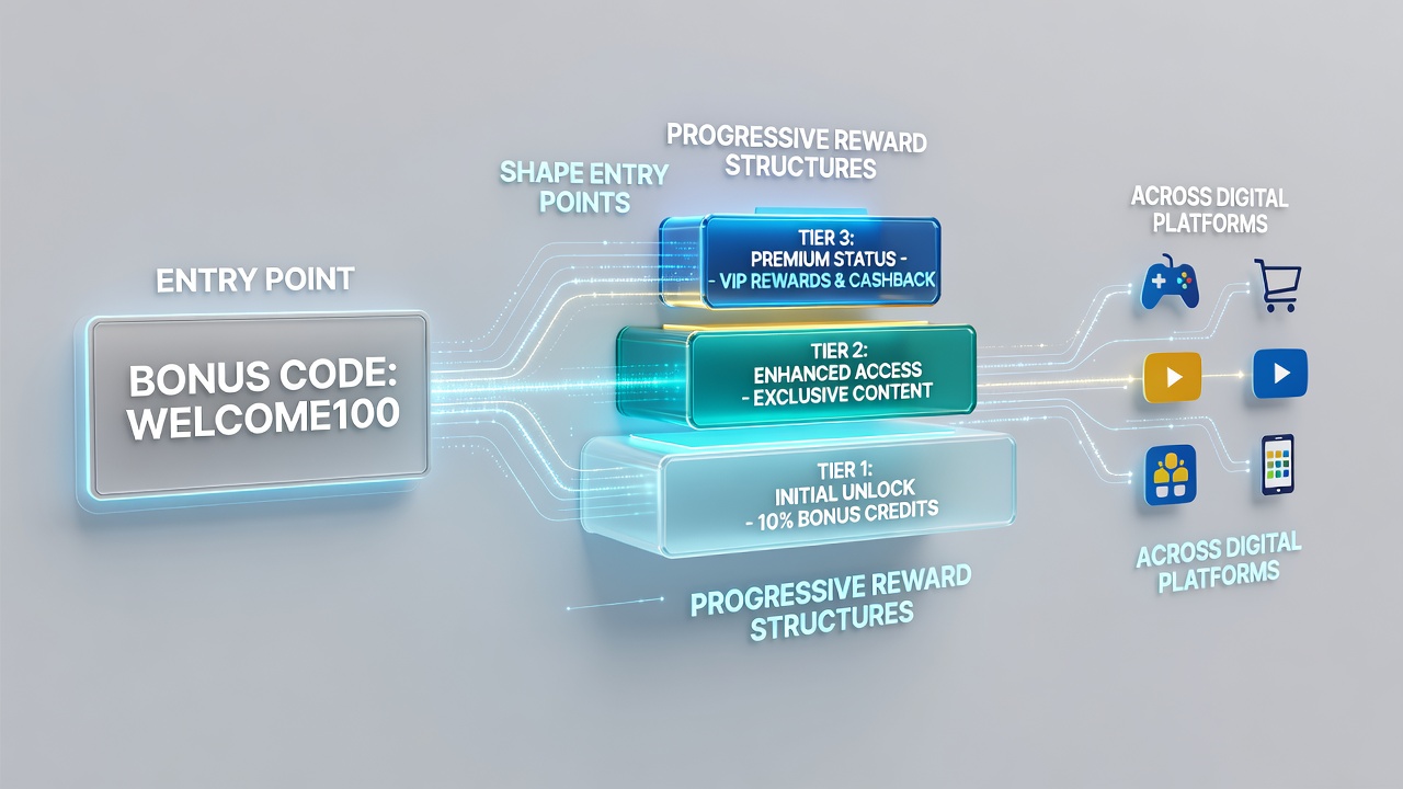 Diagram illustrating progressive reward tiers triggered by bonus codes with data flow between entry points and loyalty levels