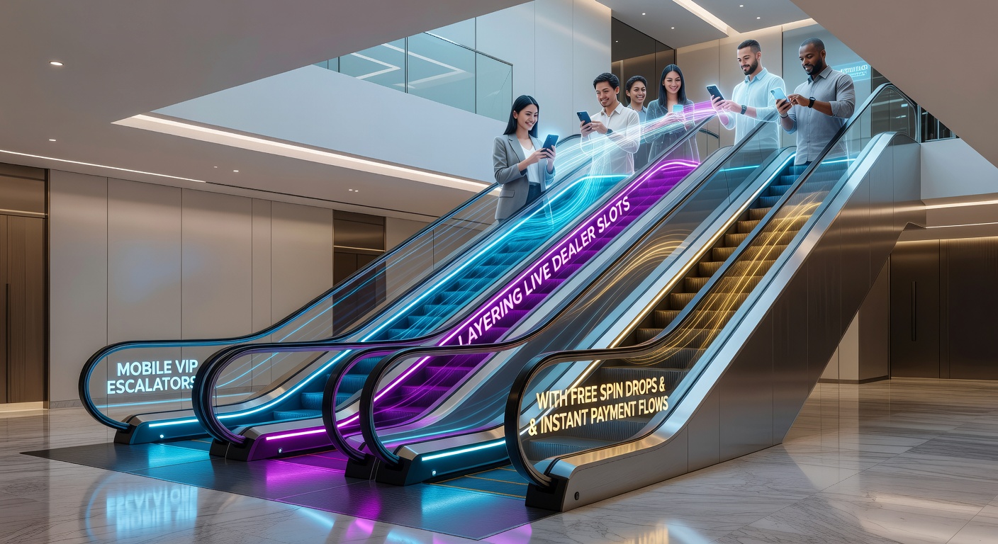 Smartphone mit Casino-App, die VIP-Eskalatoren und Live-Dealer-Slots zeigt, umgeben von Free-Spin-Symbolen und Blitz-Zahlungen