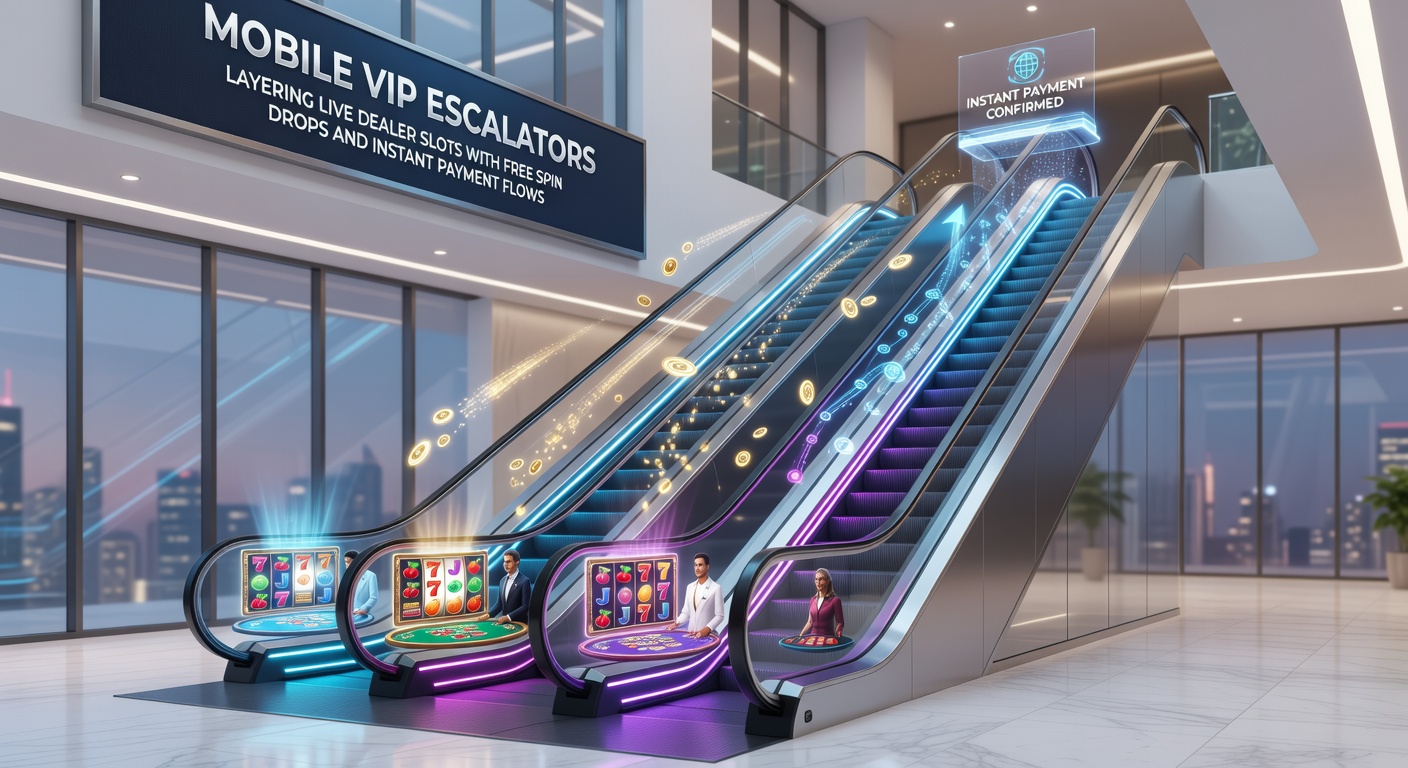 Grafik eines VIP-Eskalators mit Schichten aus Live-Dealern, fallenden Free Spins und schnellen Zahlungsblitzen auf einem Mobilbildschirm